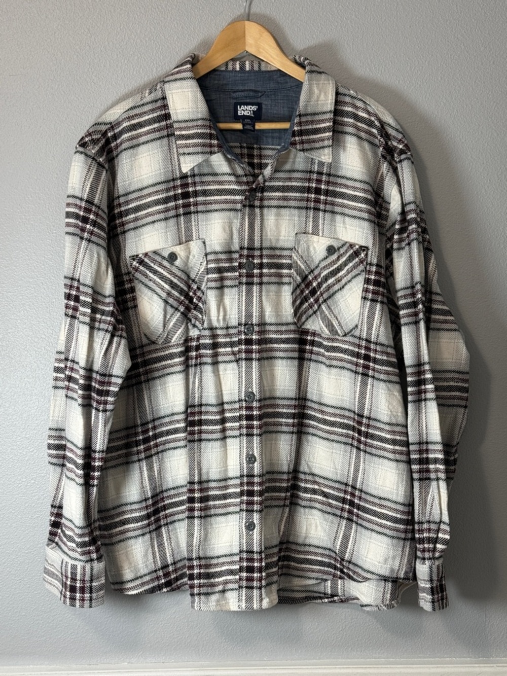 Lands' End Men's Cream and Maroon Plaid Button-Up Shirt Jacket Size XXL